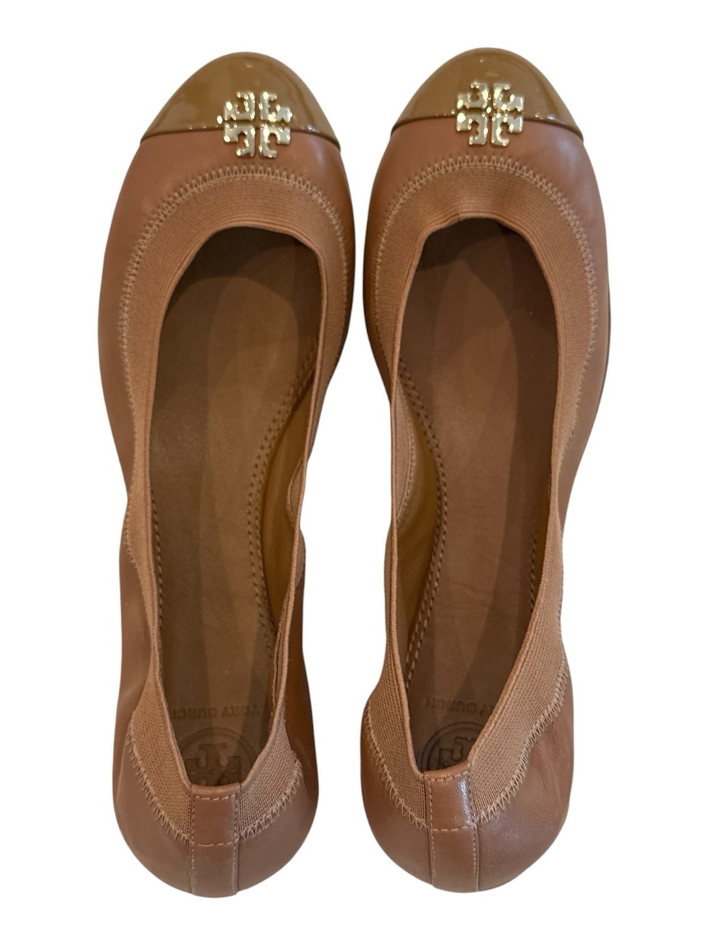 Tory Burch Tan Leather Logo Cap-Toe Ballet Flats